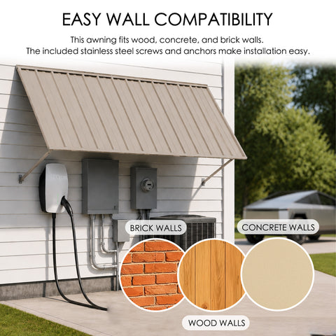Kozyard metal door awning installed over EV charger and electrical equipment, compatible with brick wood and concrete exterior walls, easy DIY installation outdoor canopy shelter with stainless steel screws, protective metal wall canopy for home garage