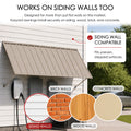 Kozyard metal awning wall compatibility diagram showcasing easy installation on multiple siding surfaces like brick walls, concrete walls, and wood walls. The outdoor application picture features the dark gray canopy mounted securely next to a driveway parking space with a Tesla Cybertruck. The complete kit package includes high-quality stainless steel screws and heavy-duty wall anchors, guaranteeing a straightforward DIY installation process over utility meters or side garage doors.