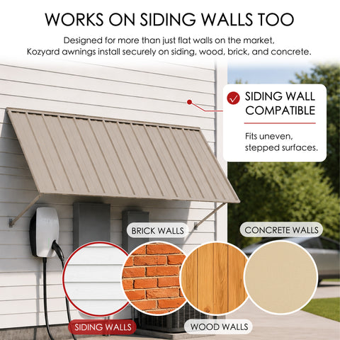 Kozyard metal awning wall compatibility diagram showcasing easy installation on multiple siding surfaces like brick walls, concrete walls, and wood walls. The outdoor application picture features the dark gray canopy mounted securely next to a driveway parking space with a Tesla Cybertruck. The complete kit package includes high-quality stainless steel screws and heavy-duty wall anchors, guaranteeing a straightforward DIY installation process over utility meters or side garage doors.