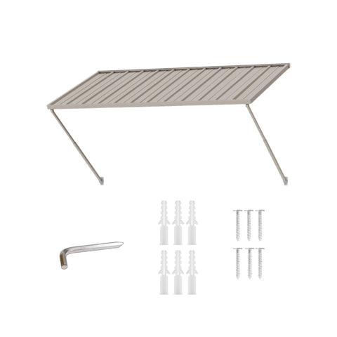 Kozyard 82 inch khaki metal door awning full kit product shot, outdoor iron window canopy with adjustable support arms, wall mounting hardware bag including stainless steel expansion screws, anchors, and assembly tool