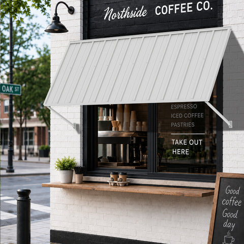 Kozyard 82 inch metal awning installed above a commercial coffee shop takeout window, featuring a durable wall mounted outdoor canopy with a corrugated metal roof panel and adjustable support arms. This 6.83 FT exterior window awning provides overhead shade and rain protection for storefront service areas and customer pickup windows. Ideal for commercial storefront awnings, restaurant takeout windows, cafe entrances, retail shop canopies, and outdoor business weather protection.