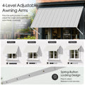 Kozyard 82 inch adjustable metal awning featuring four level adjustable support arms with a spring button locking mechanism for customized shade coverage. The illustrated positions demonstrate how the canopy angle can be adjusted to accommodate changing sunlight conditions. Installed above a commercial coffee shop window, this wall mounted outdoor awning is ideal for storefronts, restaurant service windows, residential entrances, patios, and exterior spaces requiring flexible shade protection.