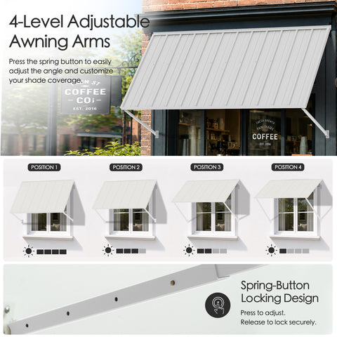 Kozyard 82 inch adjustable metal awning featuring four level adjustable support arms with a spring button locking mechanism for customized shade coverage. The illustrated positions demonstrate how the canopy angle can be adjusted to accommodate changing sunlight conditions. Installed above a commercial coffee shop window, this wall mounted outdoor awning is ideal for storefronts, restaurant service windows, residential entrances, patios, and exterior spaces requiring flexible shade protection.