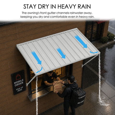 Kozyard 82 inch metal awning featuring an integrated front gutter system designed to channel rainwater toward the canopy edges during heavy rainfall. Installed above a commercial pickup window, this wall mounted outdoor rain canopy helps reduce direct rain exposure for customers and employees during order collection. Ideal for restaurant takeout windows, retail storefronts, cafe service counters, exterior door awnings, commercial entrances, and outdoor weather protection applications.