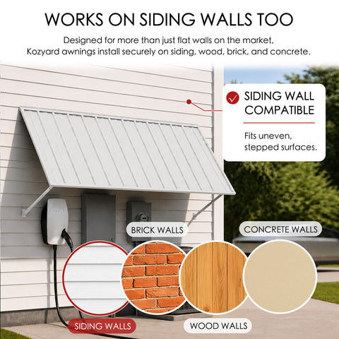 Kozyard 82 inch wall mounted metal awning designed for installation on siding, brick, wood, and concrete walls using appropriate mounting hardware. The illustrated installation highlights compatibility with different exterior wall surfaces, including uneven and stepped siding, while providing overhead coverage for outdoor electrical equipment. Suitable for residential entrances, commercial storefronts, garage walls, utility meter covers, EV charging areas, and exterior weather protection applications.