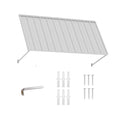 Kozyard 82 inch metal awning product display featuring a wide corrugated metal roof canopy, adjustable support arms, and included installation accessories. The package includes mounting screws, expansion anchors, and an installation tool for wall mounting. Designed for residential and commercial outdoor applications, this 6.83 FT exterior awning provides practical overhead coverage for storefront windows, restaurant pickup areas, residential doorways, garage entrances, patios, and utility equipment.