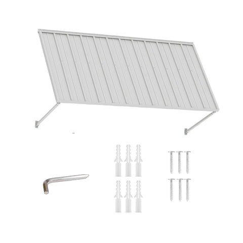 Kozyard 82 inch metal awning product display featuring a wide corrugated metal roof canopy, adjustable support arms, and included installation accessories. The package includes mounting screws, expansion anchors, and an installation tool for wall mounting. Designed for residential and commercial outdoor applications, this 6.83 FT exterior awning provides practical overhead coverage for storefront windows, restaurant pickup areas, residential doorways, garage entrances, patios, and utility equipment.