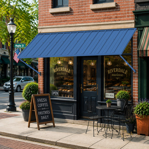 Kozyard 95 Inch Blue Metal Window Awning Door Canopy installed over store front window with outdoor seating area. Heavy duty powder coated iron exterior canopy provides rain and sun shade protection for commercial facade storefronts, cafes, bakeries, residential patio doors, and home entryways.