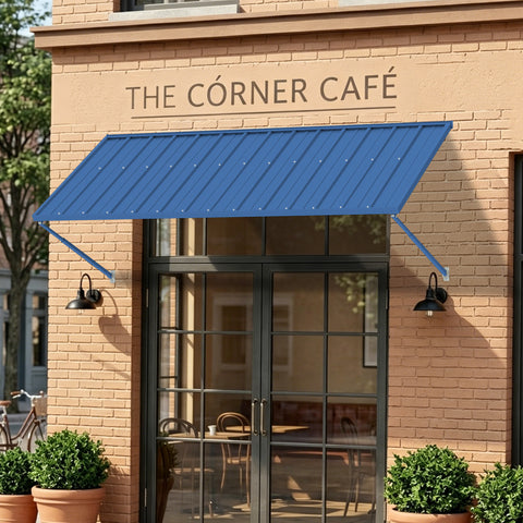 kozyard metal awning for commercial use, blue color, rainproof sunshade canopy for café storefront restaurant window door
