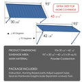 Kozyard 95" metal window awning product dimension chart and technical specifications overview. The detailed blueprint display highlights a 43-5/16 inch depth, a total sunshade area covering approximately 28 square feet, and flexible 40 to 70-degree installation angles. Constructed from heavy-duty powder-coated iron material for rust resistance and maximum durability, this infographic listing image showcases the full package content list, assembly hardware parts, and clear setup guide.