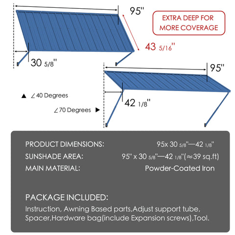 Kozyard 95" metal window awning product dimension chart and technical specifications overview. The detailed blueprint display highlights a 43-5/16 inch depth, a total sunshade area covering approximately 28 square feet, and flexible 40 to 70-degree installation angles. Constructed from heavy-duty powder-coated iron material for rust resistance and maximum durability, this infographic listing image showcases the full package content list, assembly hardware parts, and clear setup guide.