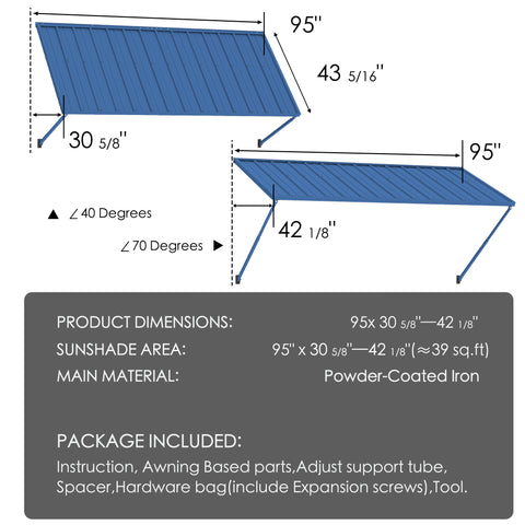 Kozyard 95 inch blue metal window awning dimensions and package contents diagram. Features 95x30-5/8 to 42-1/8 inch size, 39 sq ft sunshade coverage, powder-coated iron material, and complete hardware kit including adjustable support tubes, spacers, and expansion screws for easy exterior wall installation.