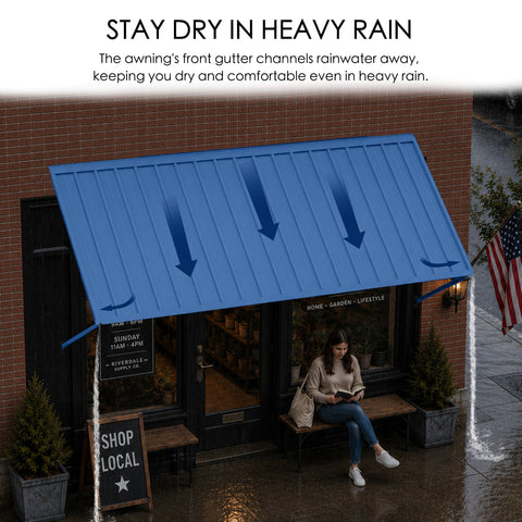 Kozyard blue metal window awning with built-in front rain gutter system for heavy rain weather protection. Efficient drainage channel directs water away from storefront windows and door entryways, keeping outdoor seating areas, porch, and house entrances dry and comfortable during rainstorm.