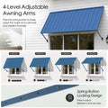 Kozyard 4-level adjustable metal window awning with spring-button locking mechanism. Versatile exterior shade canopy allows easy angle adjustment from 40 to 70 degrees for customized sun protection, UV blockage, and rain shade over home patio sliding doors and residential windows.