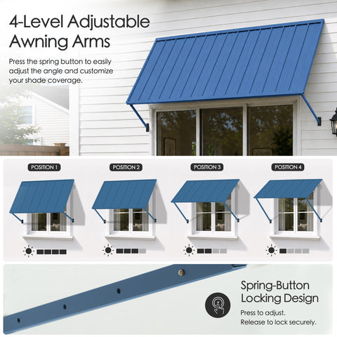 Kozyard 4-level adjustable metal window awning with spring-button locking mechanism. Versatile exterior shade canopy allows easy angle adjustment from 40 to 70 degrees for customized sun protection, UV blockage, and rain shade over home patio sliding doors and residential windows.