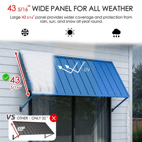 Kozyard 43 5/16-inch wide outdoor window awning with durable metal panel, designed for all-weather protection from rain, snow, sun, and UV rays. The extra-wide patio door and window canopy provides greater coverage than standard 32-inch awnings, helping shield exterior doors and windows year-round. Stylish, sturdy Kozyard awning for homes, patios, porches, entryways, and outdoor living spaces.