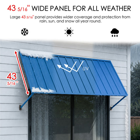 Kozyard 43 5/16 inch wide panel metal window awning built for all-weather protection against snow, sun, UV rays, and rain. Durable powder-coated iron awning canopy provides wide coverage and all-season weather protection for residential patio doors and commercial storefront windows.