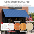 Kozyard metal awning wall compatibility diagram showcasing easy installation on multiple siding surfaces like brick walls, concrete walls, and wood walls. The outdoor application picture features the dark gray canopy mounted securely next to a driveway parking space with a Tesla Cybertruck. The complete kit package includes high-quality stainless steel screws and heavy-duty wall anchors, guaranteeing a straightforward DIY installation process over utility meters or side garage doors.