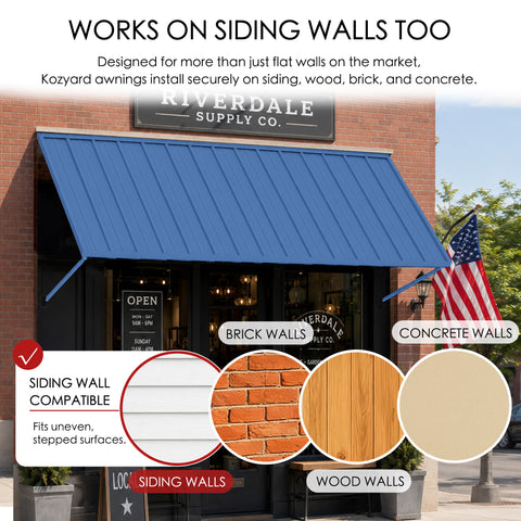 Kozyard metal awning wall compatibility diagram showcasing easy installation on multiple siding surfaces like brick walls, concrete walls, and wood walls. The outdoor application picture features the dark gray canopy mounted securely next to a driveway parking space with a Tesla Cybertruck. The complete kit package includes high-quality stainless steel screws and heavy-duty wall anchors, guaranteeing a straightforward DIY installation process over utility meters or side garage doors.