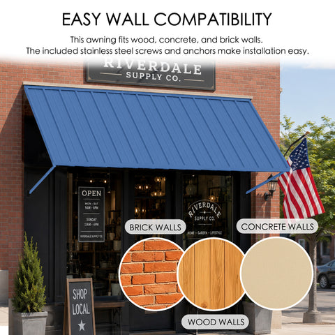 Kozyard blue metal awning with easy wall compatibility for brick, wood, and concrete exterior walls. Complete mounting hardware included with stainless steel screws and heavy-duty anchors for secure installation over residential home entryways, commercial facades, and retail stores.