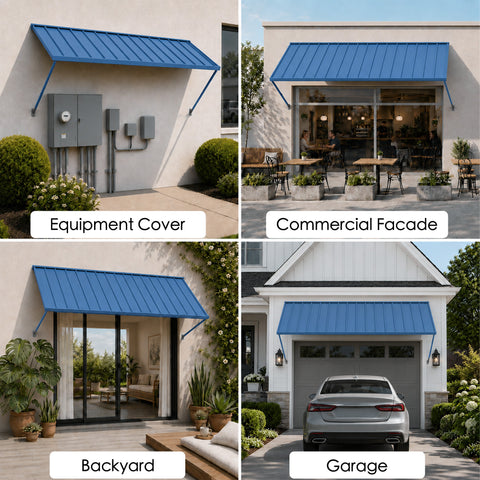 Kozyard multi-purpose blue metal window awning installed as outdoor electrical equipment cover, commercial storefront facade shade, backyard patio door canopy, and garage door awning. Heavy-duty exterior wall canopy suitable for various residential and commercial outdoor shade applications.