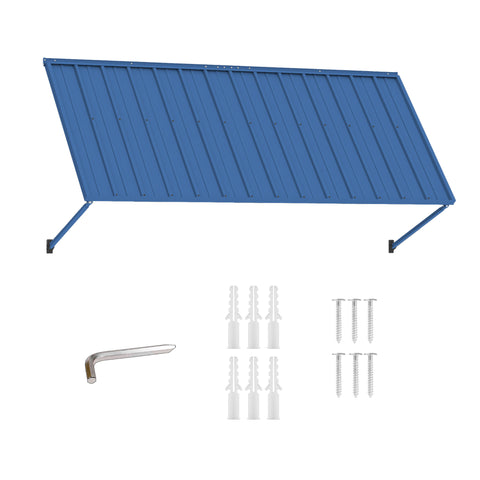 Kozyard blue metal window awning kit with included mounting hardware accessories. Complete package contains heavy-duty powder-coated iron awning panel, adjustable support arms, wall anchors, stainless steel expansion screws, and Allen wrench tool for quick wall mount setup.