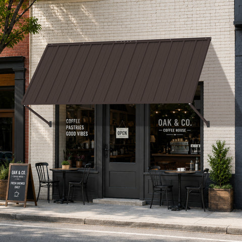 Kozyard brown metal awning installed over a coffee shop entrance, featuring a wide fixed canopy design for sun shade and rain protection. This wall mounted outdoor awning is ideal for storefronts, cafés, restaurants, windows, doors, patios and commercial entrances, combining durable powder-coated metal construction with a clean modern look for residential and commercial exterior use.