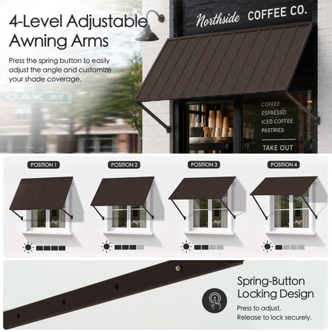 Kozyard adjustable metal awning featuring 4-level awning arms with spring-button locking for customized shade angles and coverage. This brown wall mounted outdoor canopy can be positioned at multiple projections to block sun and protect windows, doors, storefronts and patios. Durable fixed awning design offers flexible residential or commercial shade with secure adjustable support arms.