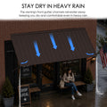 Kozyard brown metal door and window awning designed with a front gutter channel to direct rainwater away from the covered area during heavy rain. This wall mounted outdoor canopy provides dependable rain protection and shade for cafés, storefronts, patios, windows and entrances while helping keep seating and walkways drier. Durable metal construction is suited for residential and commercial exterior use.