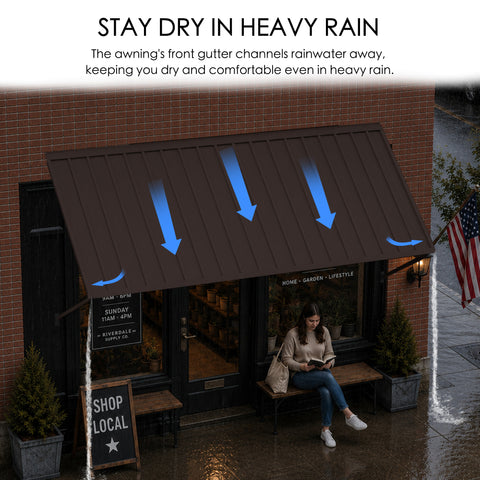 Kozyard brown metal door and window awning designed with a front gutter channel to direct rainwater away from the covered area during heavy rain. This wall mounted outdoor canopy provides dependable rain protection and shade for cafés, storefronts, patios, windows and entrances while helping keep seating and walkways drier. Durable metal construction is suited for residential and commercial exterior use.
