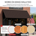 Kozyard wall mounted metal awning compatible with siding, brick, wood and concrete walls, making it suitable for a wide range of residential and commercial installations. The brown outdoor canopy provides sun shade and weather protection over windows, doors, storefronts, patios and entrances, while the mounting design accommodates uneven or stepped siding surfaces for versatile exterior use.