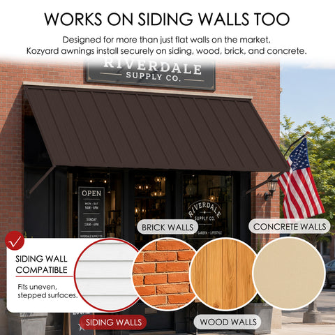 Kozyard wall mounted metal awning compatible with siding, brick, wood and concrete walls, making it suitable for a wide range of residential and commercial installations. The brown outdoor canopy provides sun shade and weather protection over windows, doors, storefronts, patios and entrances, while the mounting design accommodates uneven or stepped siding surfaces for versatile exterior use.