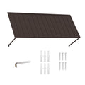 Kozyard brown wall mounted metal awning shown with installation hardware, expansion anchors, screws and assembly tool. This durable fixed outdoor canopy features a wide ribbed metal panel and adjustable support arms for doors, windows, patios, storefronts and commercial entrances. Powder-coated construction provides dependable exterior shade and weather protection for residential and business applications.