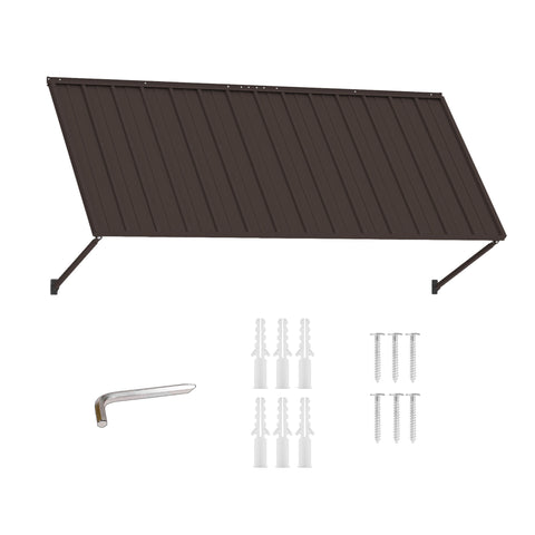 Kozyard brown wall mounted metal awning shown with installation hardware, expansion anchors, screws and assembly tool. This durable fixed outdoor canopy features a wide ribbed metal panel and adjustable support arms for doors, windows, patios, storefronts and commercial entrances. Powder-coated construction provides dependable exterior shade and weather protection for residential and business applications.