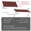 Kozyard 95" metal window awning product dimension chart and technical specifications overview. The detailed blueprint display highlights a 43-5/16 inch depth, a total sunshade area covering approximately 28 square feet, and flexible 40 to 70-degree installation angles. Constructed from heavy-duty powder-coated iron material for rust resistance and maximum durability, this infographic listing image showcases the full package content list, assembly hardware parts, and clear setup guide.