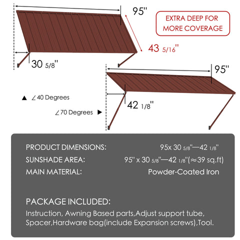 Kozyard 95" metal window awning product dimension chart and technical specifications overview. The detailed blueprint display highlights a 43-5/16 inch depth, a total sunshade area covering approximately 28 square feet, and flexible 40 to 70-degree installation angles. Constructed from heavy-duty powder-coated iron material for rust resistance and maximum durability, this infographic listing image showcases the full package content list, assembly hardware parts, and clear setup guide.