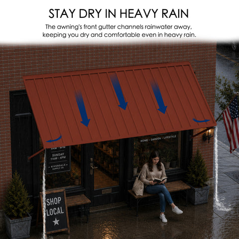 Kozyard outdoor metal awning helps keep entrances, windows and patio areas protected during heavy rain with an integrated front gutter designed to channel rainwater toward the sides. The sloped metal roof promotes efficient water runoff while providing dependable overhead coverage for residential and commercial spaces. Ideal as a rain awning, door canopy, window awning, storefront awning, patio rain cover, entrance shelter, commercial canopy and outdoor sun shade for cafes, restaurants, homes and businesses