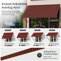 Kozyard metal awning features 4-level adjustable support arms with a convenient spring-button locking design, allowing users to change the awning angle and customize shade coverage for different sun conditions. Press to adjust and release to securely lock the support arms into position. This versatile wall-mounted outdoor awning is ideal as a door awning, window canopy, patio awning, storefront sun shade, commercial awning, entrance cover and adjustable rain shelter for residential and business exterior spa