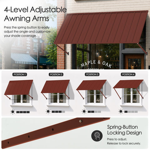 Kozyard metal awning features 4-level adjustable support arms with a convenient spring-button locking design, allowing users to change the awning angle and customize shade coverage for different sun conditions. Press to adjust and release to securely lock the support arms into position. This versatile wall-mounted outdoor awning is ideal as a door awning, window canopy, patio awning, storefront sun shade, commercial awning, entrance cover and adjustable rain shelter for residential and business exterior spa