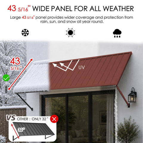 Kozyard 95 inch metal awning features an extra-wide 43 5/16 inch roof panel for expanded outdoor coverage and dependable year-round protection from sun, rain and snow. The wide metal canopy provides greater projection than many standard 32-inch awnings while helping shield doors, windows and entrances from UV exposure and changing weather. Ideal as an all weather awning, door canopy, window awning, patio cover, storefront awning, commercial entrance canopy, rain shelter and outdoor sun shade.