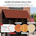 Kozyard metal awning wall compatibility diagram showcasing easy installation on multiple siding surfaces like brick walls, concrete walls, and wood walls. The outdoor application picture features the dark gray canopy mounted securely next to a driveway parking space with a Tesla Cybertruck. The complete kit package includes high-quality stainless steel screws and heavy-duty wall anchors, guaranteeing a straightforward DIY installation process over utility meters or side garage doors.