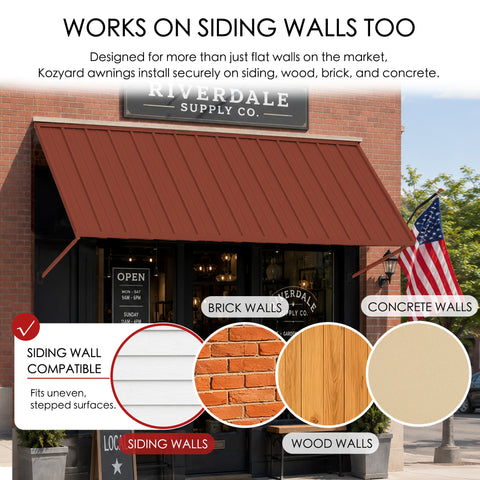 Kozyard metal awning wall compatibility diagram showcasing easy installation on multiple siding surfaces like brick walls, concrete walls, and wood walls. The outdoor application picture features the dark gray canopy mounted securely next to a driveway parking space with a Tesla Cybertruck. The complete kit package includes high-quality stainless steel screws and heavy-duty wall anchors, guaranteeing a straightforward DIY installation process over utility meters or side garage doors.