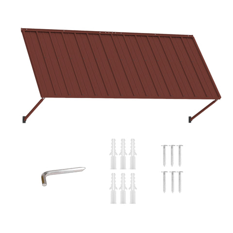 Kozyard 95 inch metal awning includes a wide brown metal canopy, adjustable support arms and essential mounting hardware for secure wall installation. The package includes wall anchors, screws and installation tool components for mounting the fixed outdoor awning above doors, windows, storefronts or exterior spaces. Designed for residential and commercial use, this metal door awning is ideal as a window canopy, patio awning, storefront cover, entrance shelter, rain cover, sun shade and all weather outdoor 