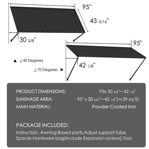 Kozyard 95 inch door awning dimensions diagram 95 x 30.6 to 42.1 inch adjustable metal window canopy powder coated iron frame 39 sq ft coverage sunshade area specs hardware expansion screws tool kit for outdoor door window awning canopy installation