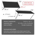 Kozyard 95" metal window awning product dimension chart and technical specifications overview. The detailed blueprint display highlights a 43-5/16 inch depth, a total sunshade area covering approximately 28 square feet, and flexible 40 to 70-degree installation angles. Constructed from heavy-duty powder-coated iron material for rust resistance and maximum durability, this infographic listing image showcases the full package content list, assembly hardware parts, and clear setup guide.