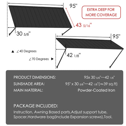 Kozyard 95" metal window awning product dimension chart and technical specifications overview. The detailed blueprint display highlights a 43-5/16 inch depth, a total sunshade area covering approximately 28 square feet, and flexible 40 to 70-degree installation angles. Constructed from heavy-duty powder-coated iron material for rust resistance and maximum durability, this infographic listing image showcases the full package content list, assembly hardware parts, and clear setup guide.