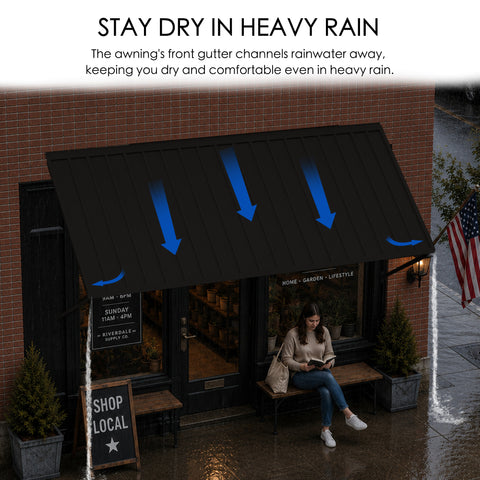 Kozyard heavy duty outdoor door awning with front gutter system efficient rainwater drainage keep dry in heavy rain storm dark grey metal window awning exterior rain shelter porch canopy for commercial storefront home entrance