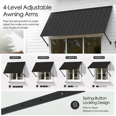 Kozyard 4 level adjustable metal window awning with spring button locking mechanism customizable shade coverage 40 to 70 degrees tilt angle dark grey door canopy sun shade shelter exterior wall mounted window awning overhead canopy
