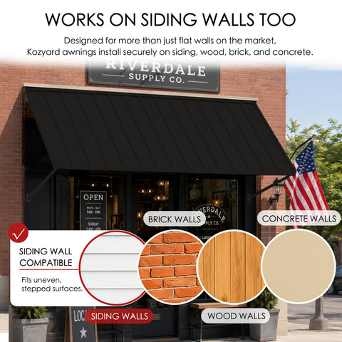 Kozyard metal awning wall compatibility diagram showcasing easy installation on multiple siding surfaces like brick walls, concrete walls, and wood walls. The outdoor application picture features the dark gray canopy mounted securely next to a driveway parking space with a Tesla Cybertruck. The complete kit package includes high-quality stainless steel screws and heavy-duty wall anchors, guaranteeing a straightforward DIY installation process over utility meters or side garage doors.