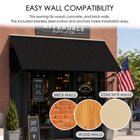 Kozyard metal door awning versatile wall mounting compatibility easy installation on brick walls wood siding and concrete walls includes stainless steel expansion screws anchors dark grey commercial storefront window canopy overhang